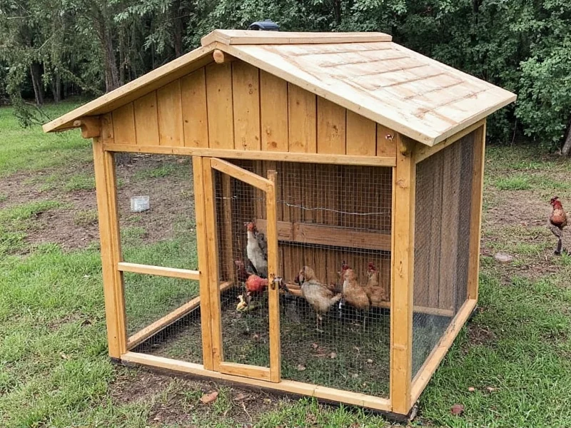 Completed DIY chicken coop with chickens