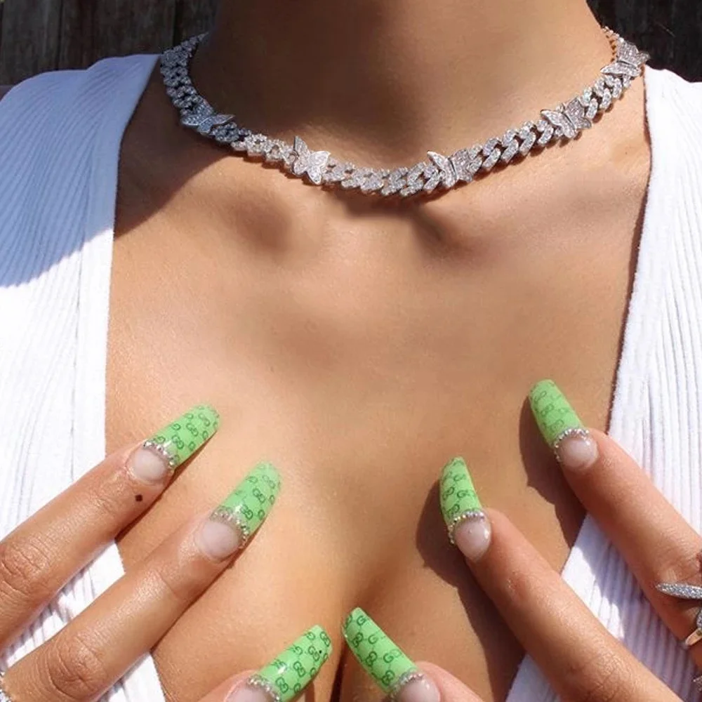 

2020 Trendy Personality Charm Jewelry Gold Plated Luxury Iced Out Crystal Cuban Chain Linkbutterfly Choker Necklace Women Girls, Gold,silver ,pink color