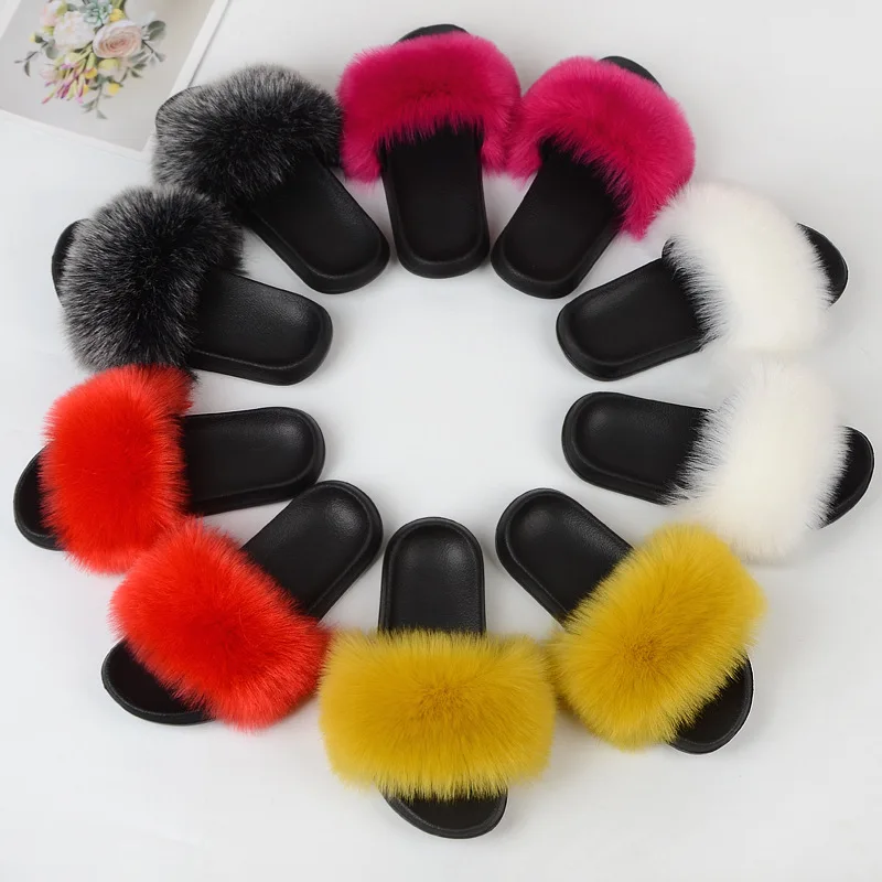 

2021 Good Price Designer Large fur Slippers Slides Design Natural Women Big Fur Slides sandles for ladies, As pictures