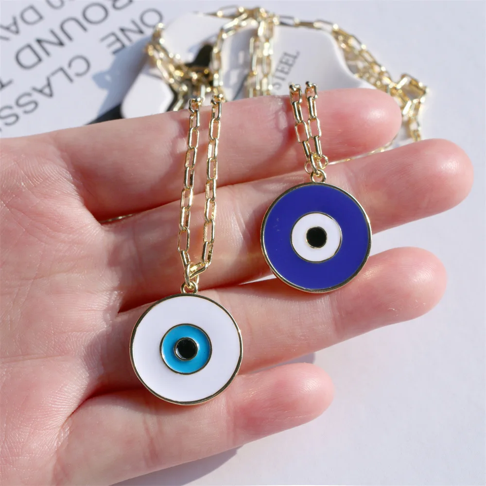 

High Quality Turkish Blue Eyes Round Pendant Necklace Adjustable 18K Gold Plated Enamel Evil Eyes Necklaces Jewelry