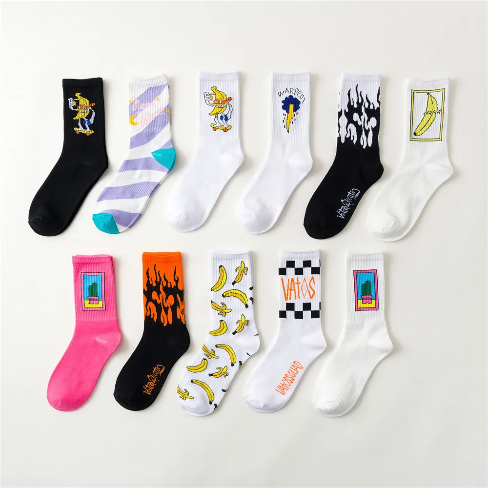 

2020 Funky Cactus flame banana cartoon cool hip hop cotton socks sports unisex tube socks crew sox men socks, As picture