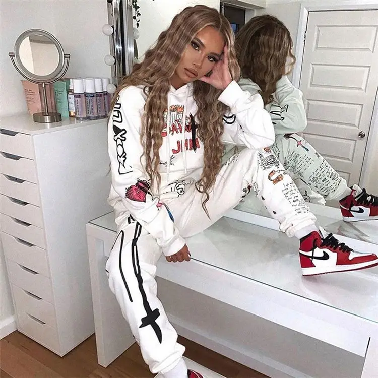 

S9140-high quality spring long sleeve graffiti 2 piece sweatsuit women outfits two piece set