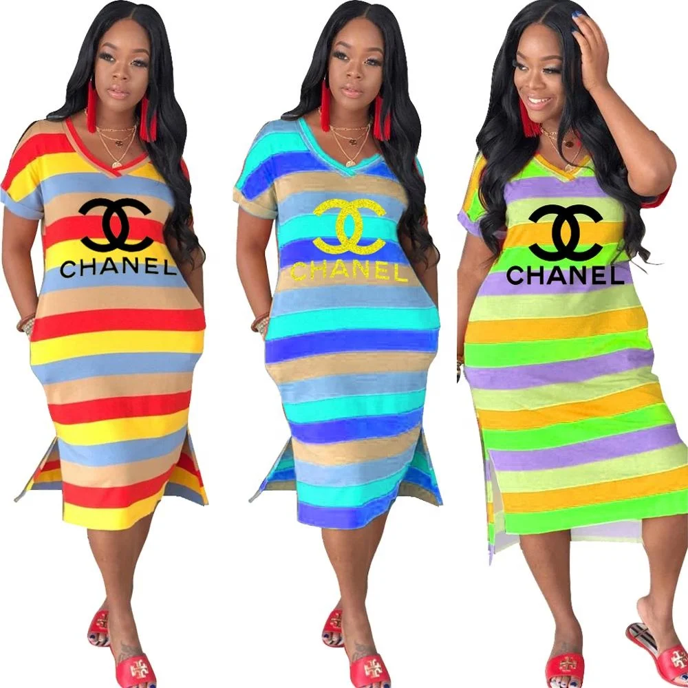 Summer knitting african print striped midi dress for women plus size casual dress shirt dress