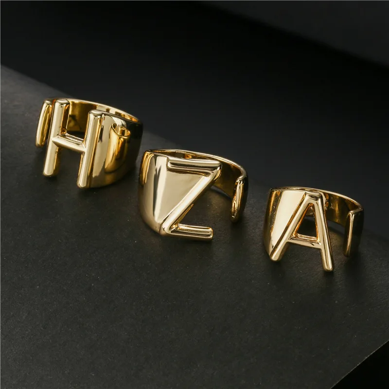 Gold Plated Brass Cz Ins Style Beautiful Ladies Adjustable Initial Letter Rings