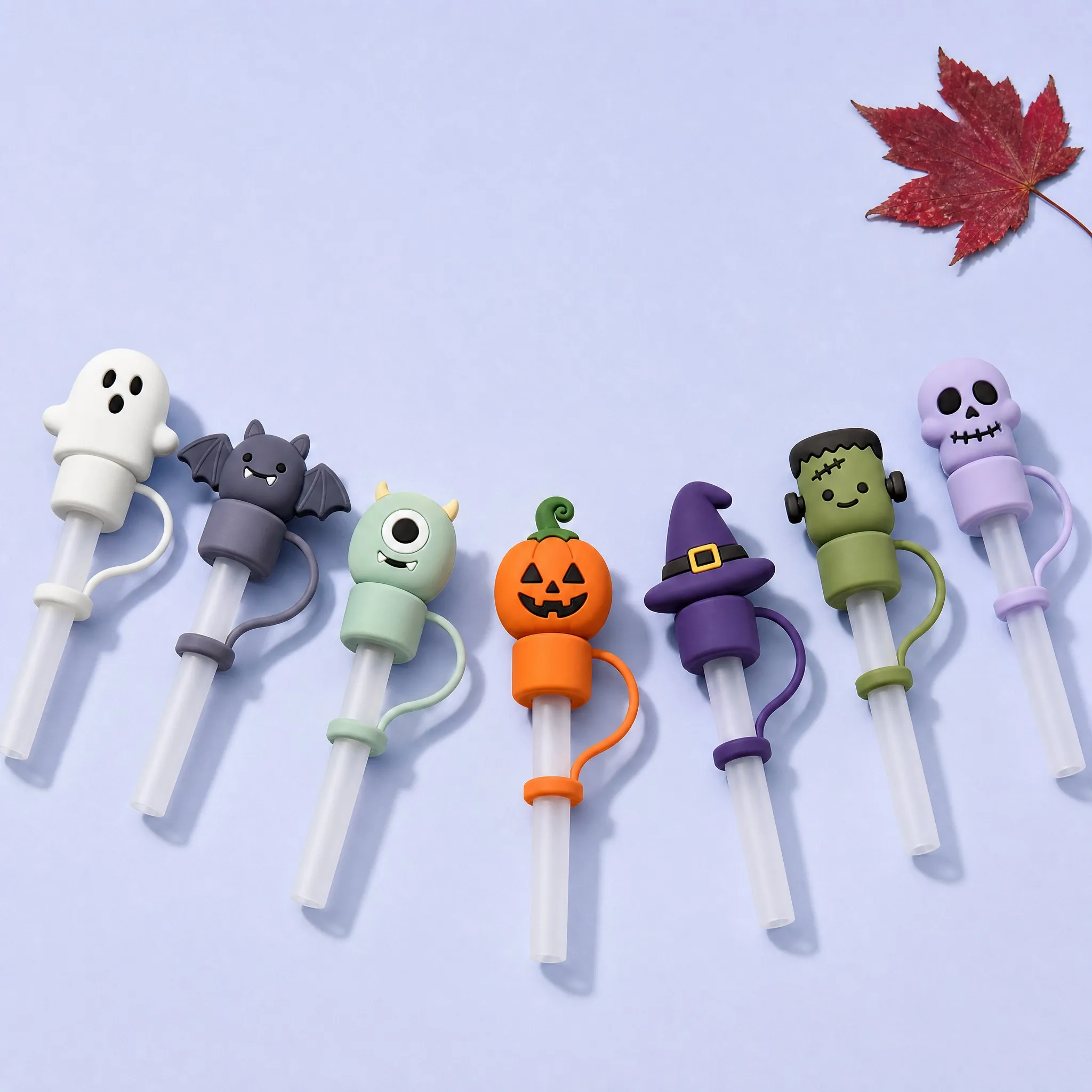 7 Halloween Figures in Curve Line with Red Autumn Leaf