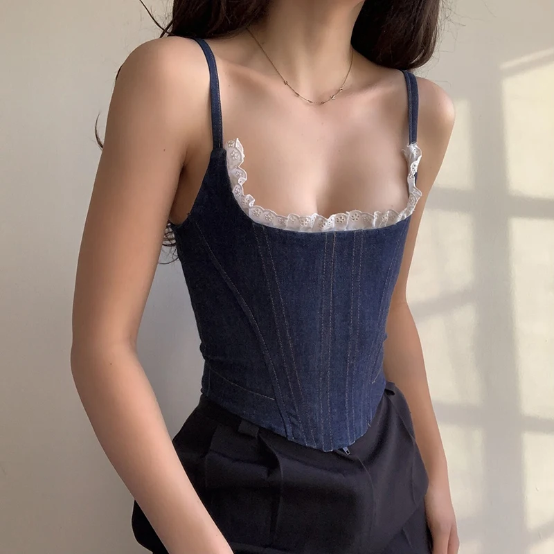 

Sexy Spring Summer Corset Crop Top Boned Zipper Sleeveless Solid Color Lace Denim Top Womens Camisole