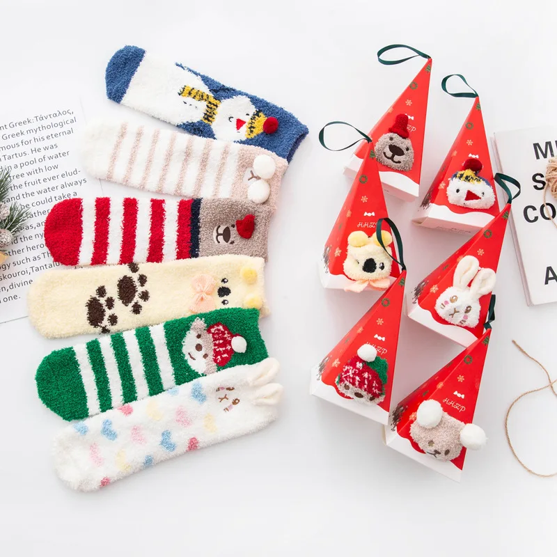 

Coral Velvet 3D Stockings Sublimation Embroidery Cozy Unisex Cute Anime Design Deer Fluffy Sleep Christmas Socks With Gift Box, 12 colors custom colors accepted