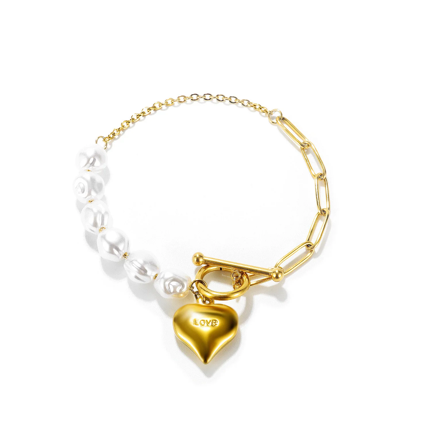 

18K Gold Plated Titanuim Steel Paperclip Chain Irregular Pearl OT Clasp Bracelet Stainless Steel Heart Charm Bracelet