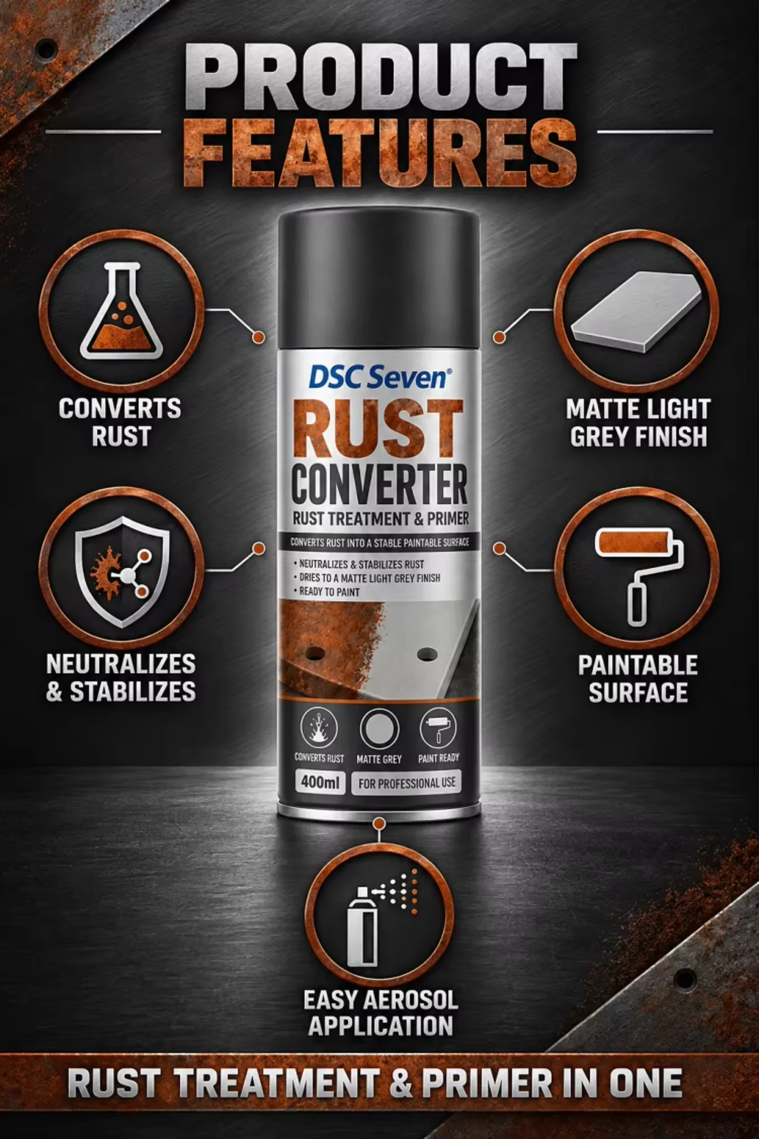 400ml Acrylic Aerosol Rust Converter Spray Paint for Rust Treatment and Steel Metal Restoration