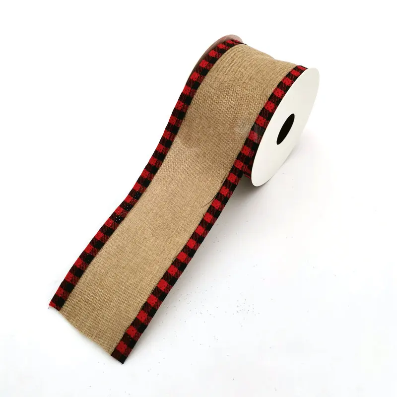

2021 New Arrival Hot Sale Christmas Tree Wreath Holiday Gift Wrapping Decoration Jute Ribbon With Checker Edge 2.5"X 10 Yards, Any colors are available