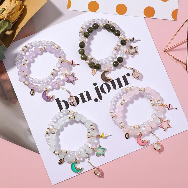 

Fashion Star Moon Charm Bracelets Bangles For Women Handmade Double Layer Crystal Beads Bracelets (KB8299), As picture