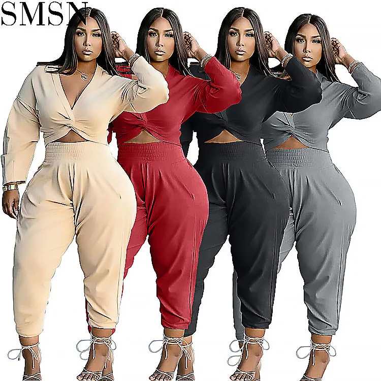 

ONLY New StyleElastic Waist Casual Loose Outfits Women Two Pieces Crop Top Pants Set Suits Set For Women