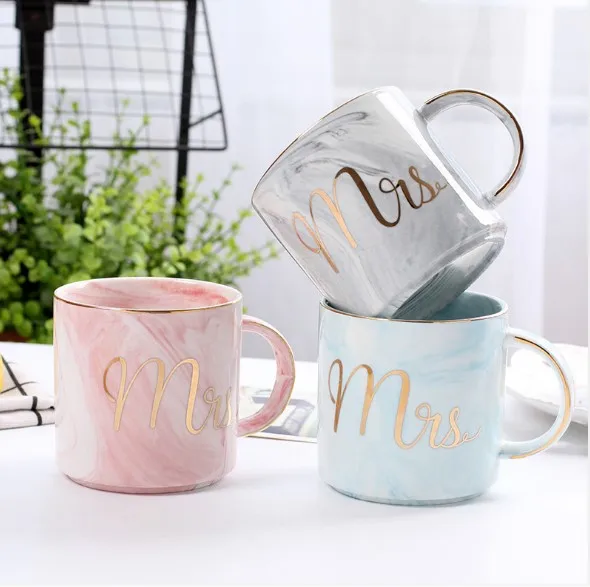 

cheap ceramic marble cup mr and mrs couple mug marble gold handle cup in 400ml couple coffee mug for love gift, Blue, grey, pink