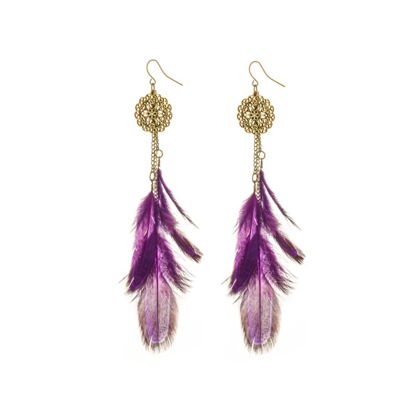 

Drop shipping 2021 american popular women tassel personality ethnic style long purple feather fashion earrings trend 2021, Picture shows