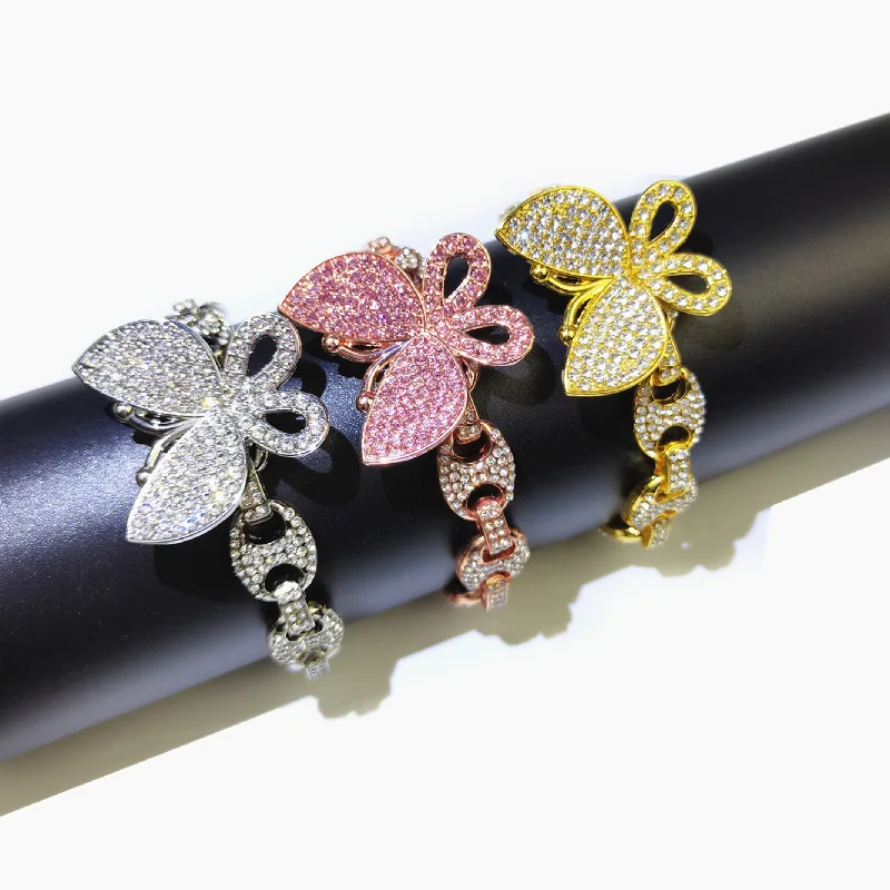 

2020 Newest Hot Selling Hips Hops Butterfly Jewelry Bling Crystal Coffee Bean Chain Butterfly Bracelet