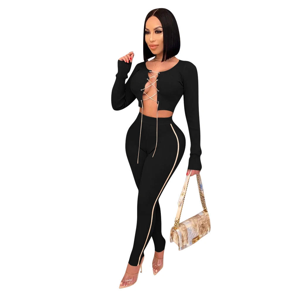 

L284519 New Elegant Casual Solid Color Sexy Bandage Crop Top and Pant Set