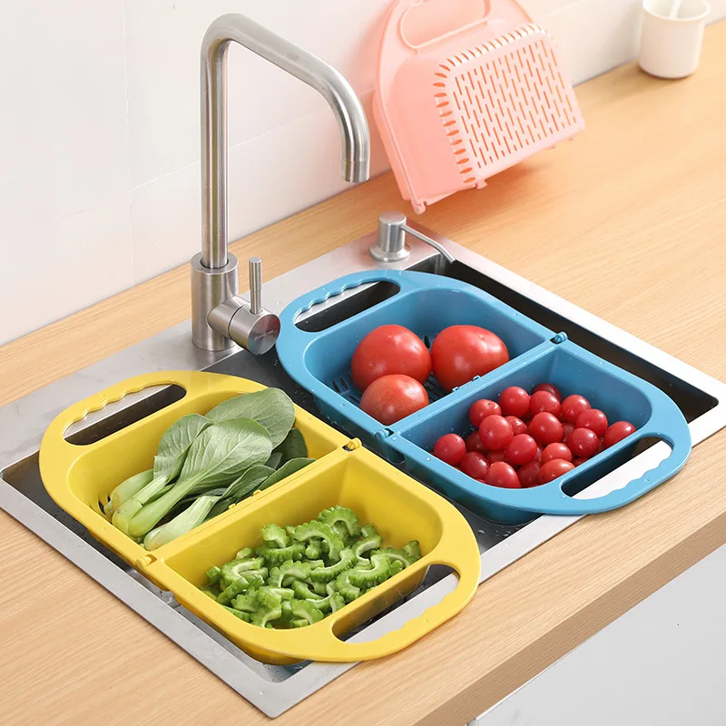 

2020 New Foldable plastic wash basin rectangular drain basket fruit tray home kitchen sink dishwashing storage