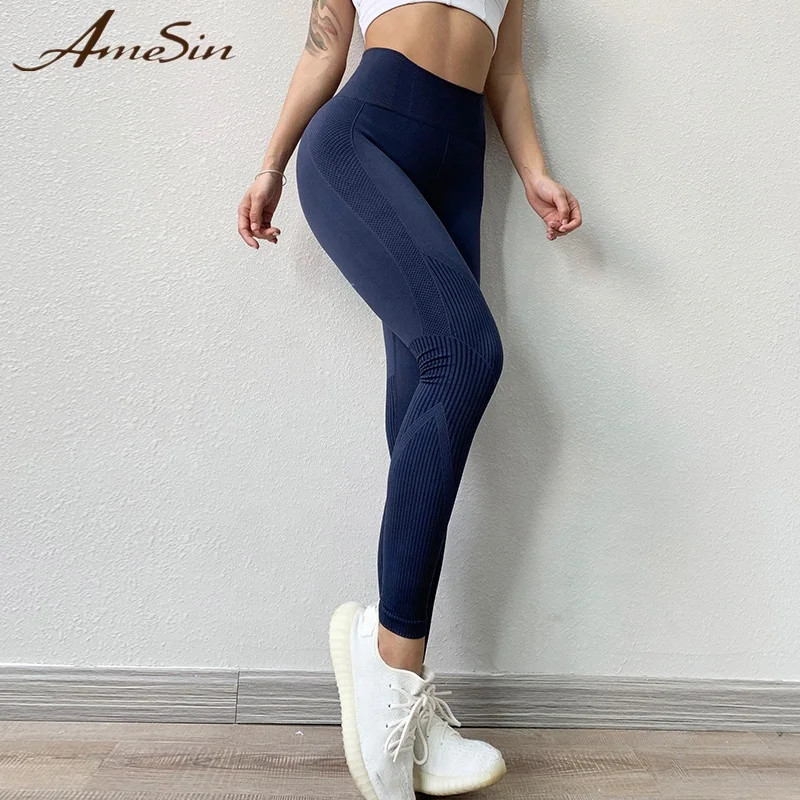 

AMESIN Spandex Strips Gym Leggings Women Yoga Pant Seamless Quality Leggings Hot in Thailand, Black, grey, navy