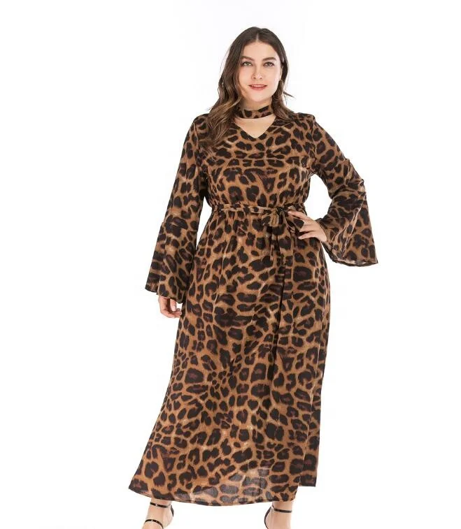 

Plus Women Dress Leopard Print Brown Long Dress