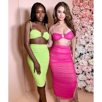 

Free Shipping Neon Green Mesh Strap Two Piece Bra Tops Women Party Sexy Lady Dress