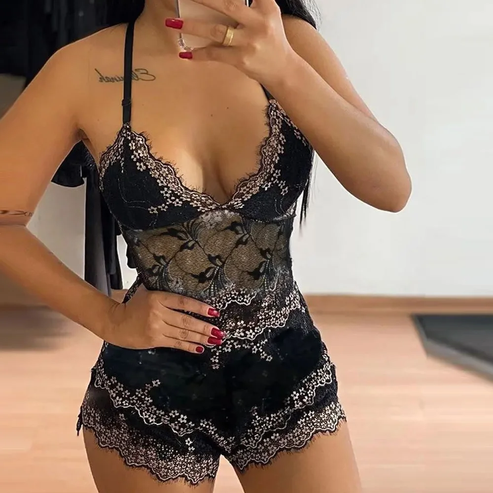 

Factory Wholesale High Quality Spaghetti Strap Lingerie Set Flower Lace Lace Underwear Set, Black