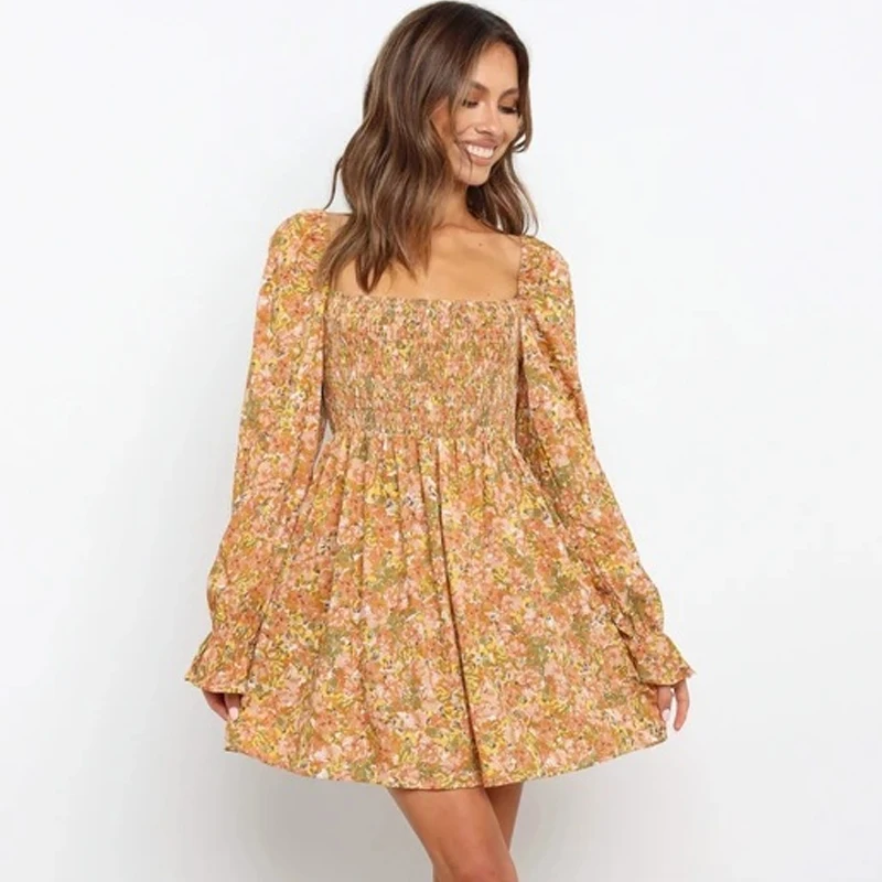 

Casual Elegant Floral Cute Dress Fashion Clothes Vintage Flowers Prom Club Dress Sweet Long Sleeve Square Collar Printed Dresses, Yellow