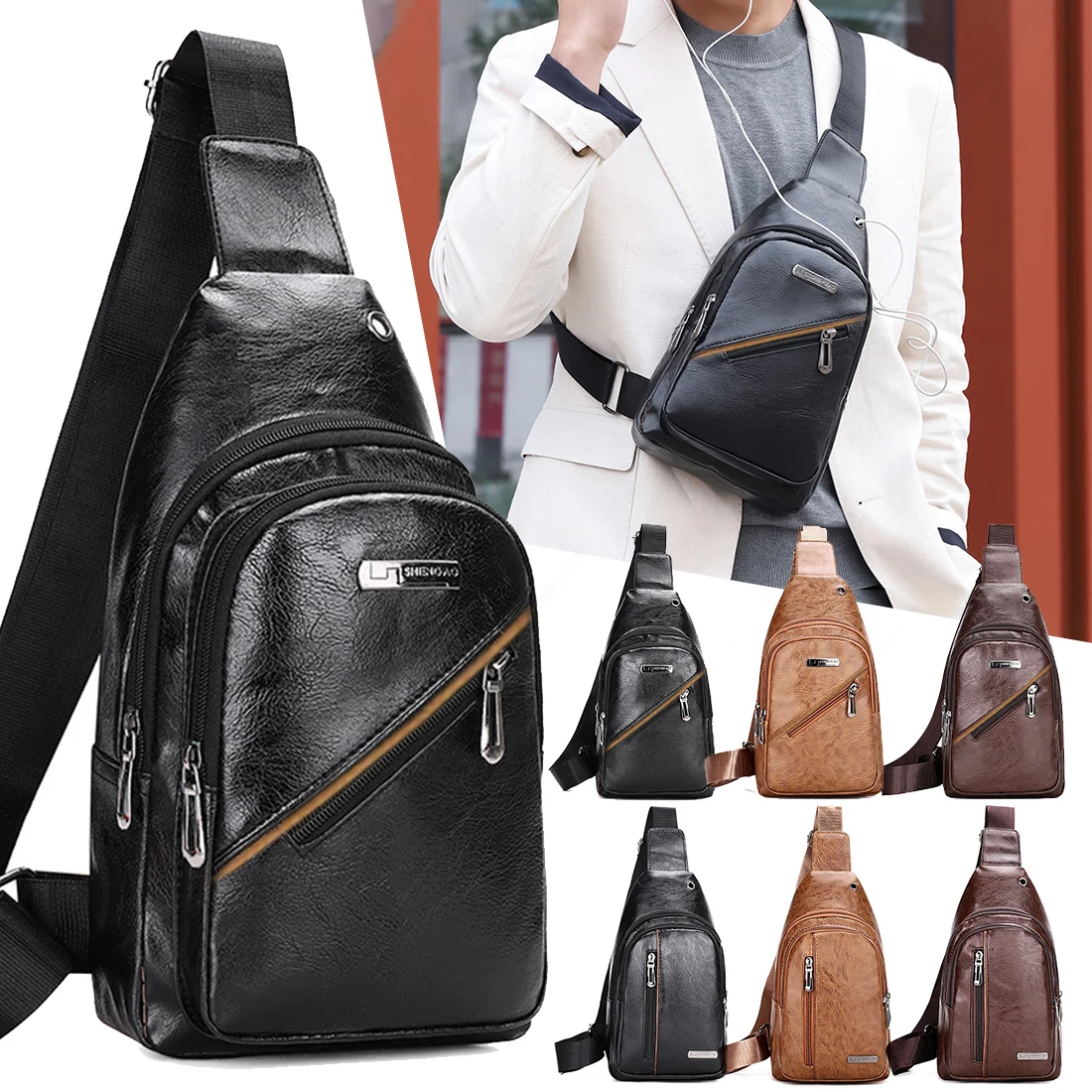 

Messenger Travel USB Charging Bags Men's Chest Bag PU Sling Sports Casual crossbody men shoulder bag