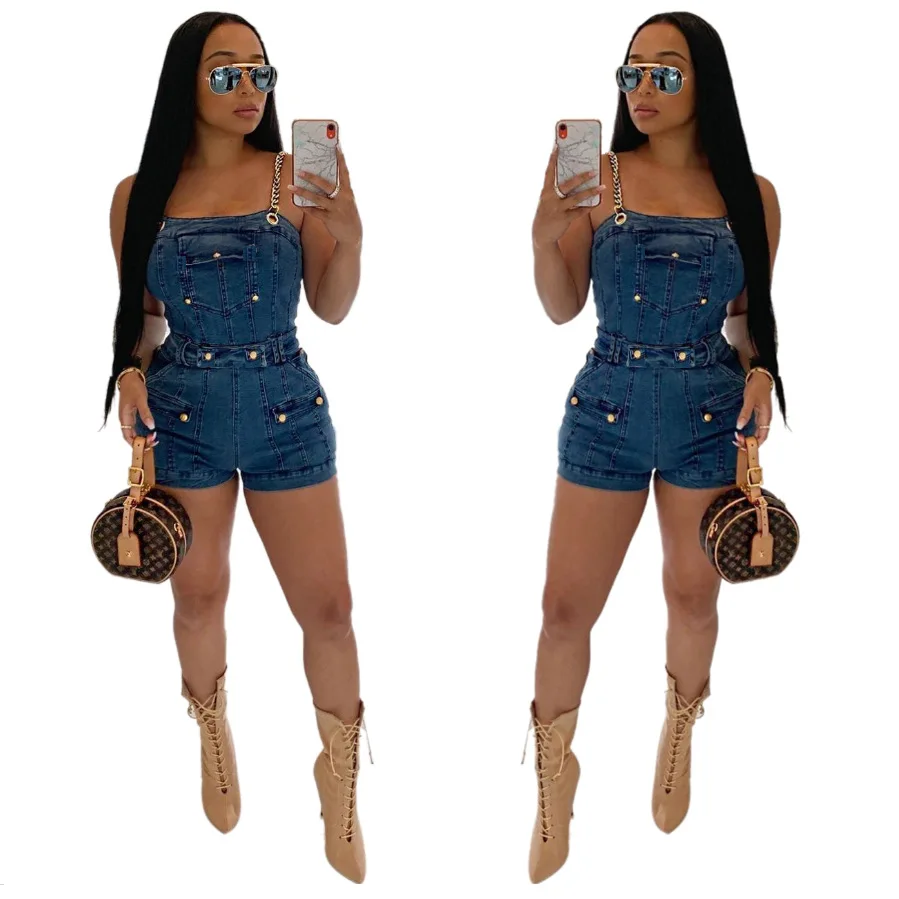 

2020 new blue sexy cropped Button Front distressed Short Denim women denim short pants jumpsuits, Customized color