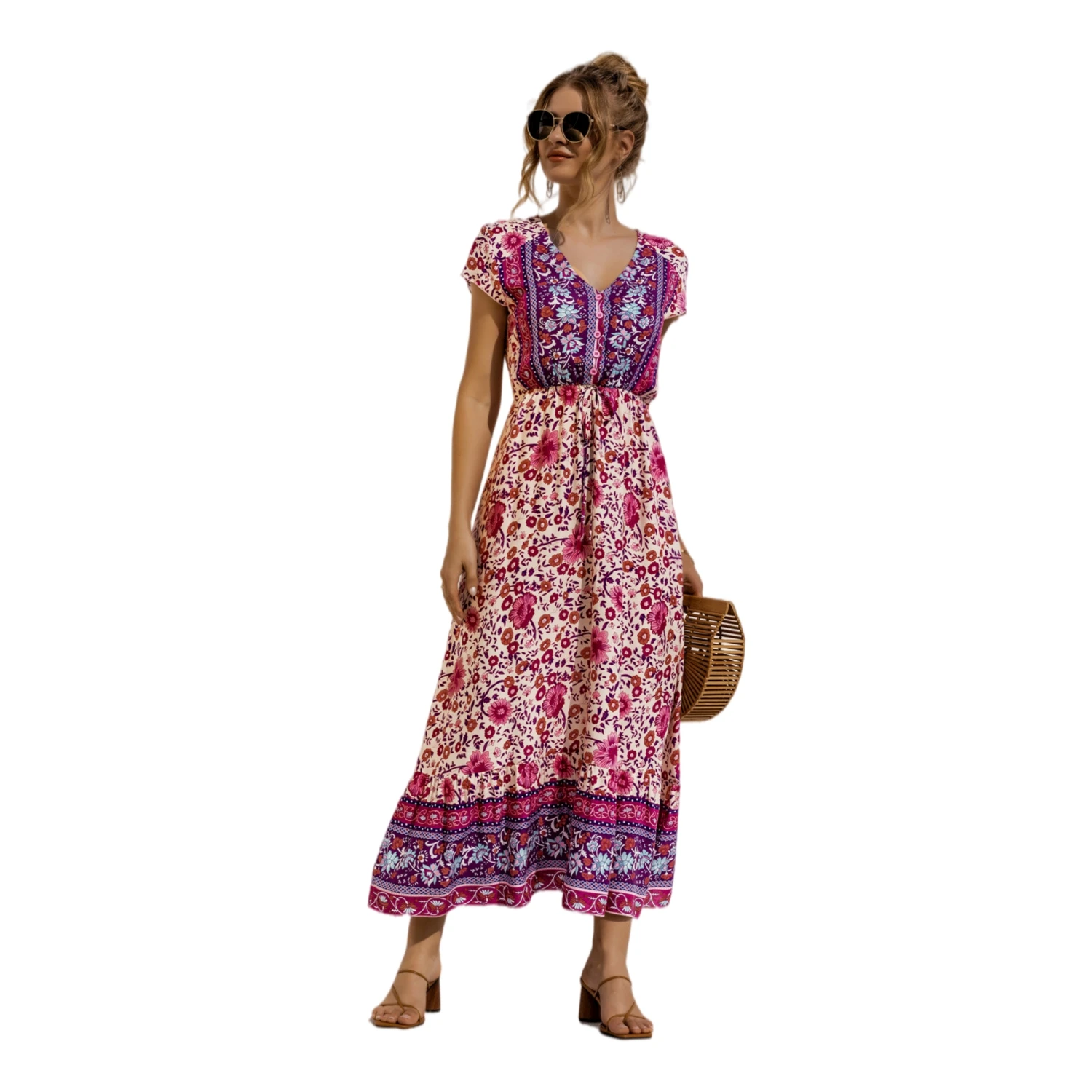 

Beach bohemian vacation high-waist lace-up skirt mid-length short-sleeved printed dress women