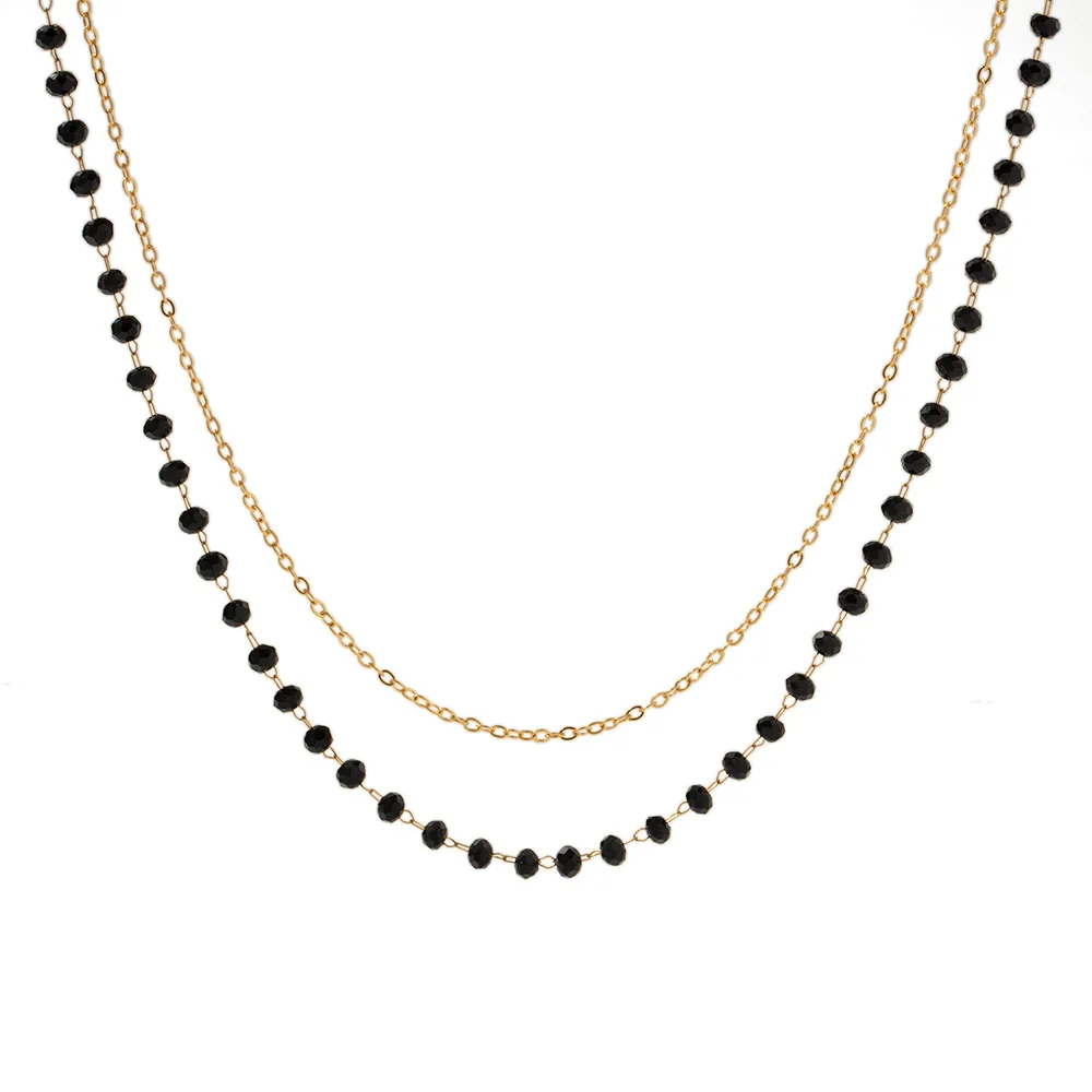 

Bohemia Stainless Steel Black Beads Glass Stone Double Layer Bead Chain Necklace for Women