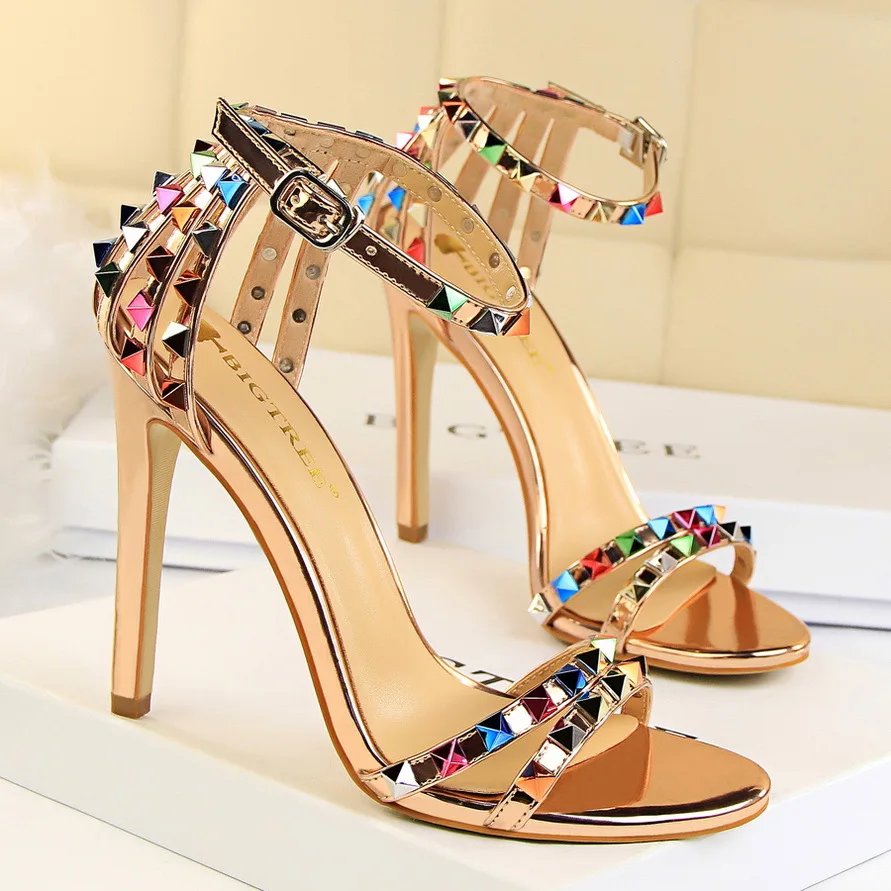 

Roman Style Open Toe One Line Hollow Out Color Rivet Super High Heel Women's Shoes, Colors