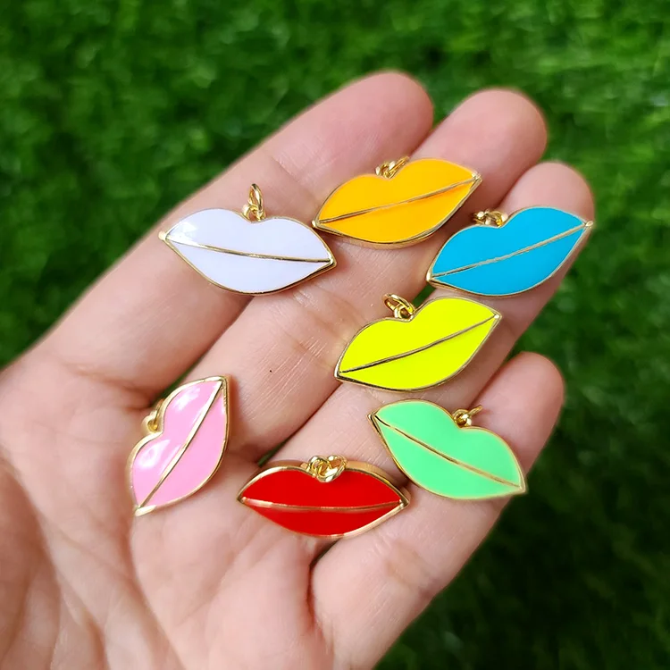 

JS1546 High Quality Multicolor Cute 18k Gold Plated Oil Drop Neon Enamel Mouth Lip Charm Pendants