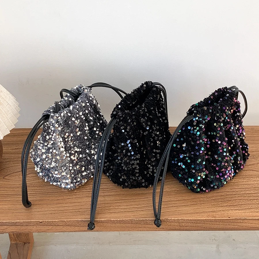 

Factory Wholesale Sequins Crossbody Kids PVC Trendy Small Bag Drawstring Pleated Colorful Sequins Bag