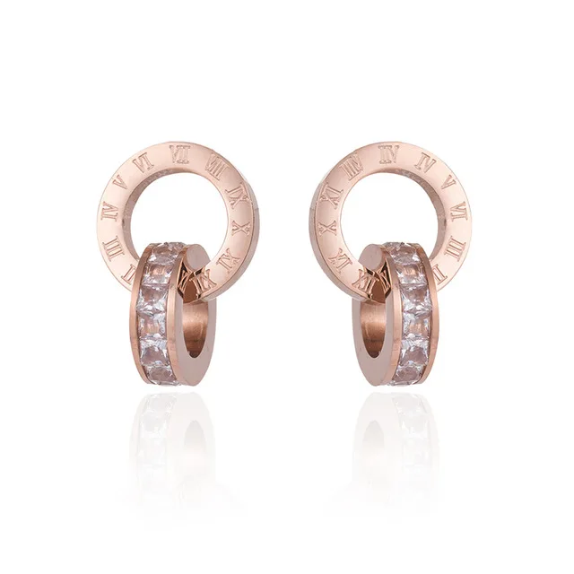 

Roman Numerals Double Rings Earrings Shine CZ Rose Gold 316L Stainless Steel Elegant Brincos Stud Earrings For Women