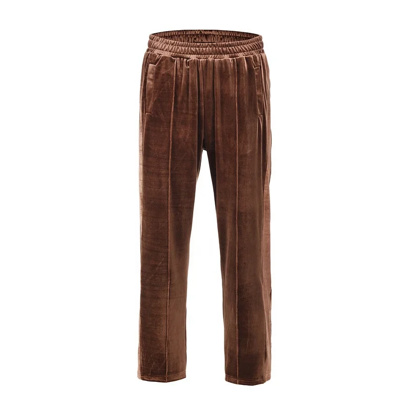 

2021 plush men's wide leg zipper hem loose straight casual street wear men velvet pants