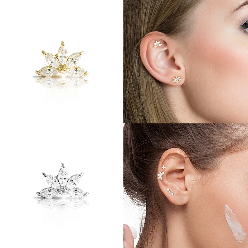 

fashion 925 sterling silver crown marquise eye shaped zircon piercing thread gold plated stud earrings for women