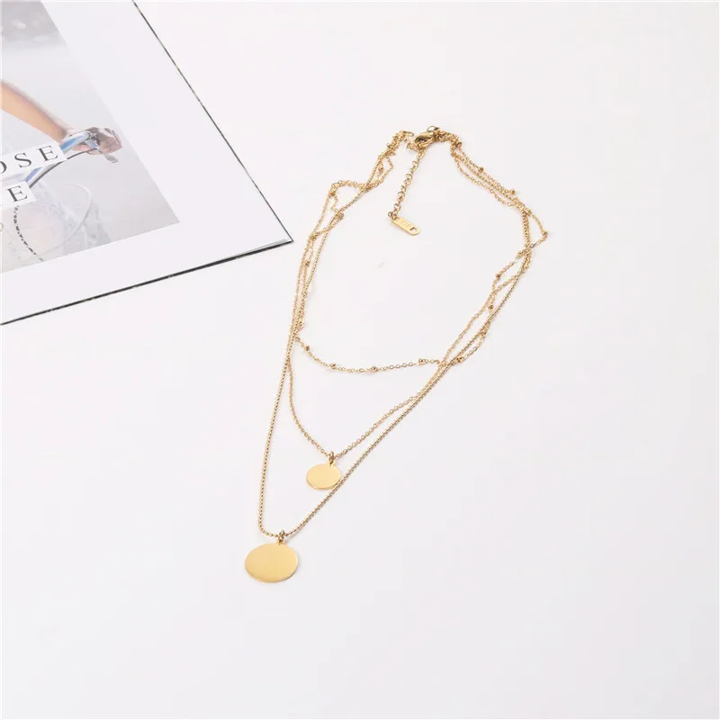 Joolim Jewelry 18K Gold Plated Multi-layer Wafer Pendant Statement Necklace Stainless Steel Jewelry Wholesale