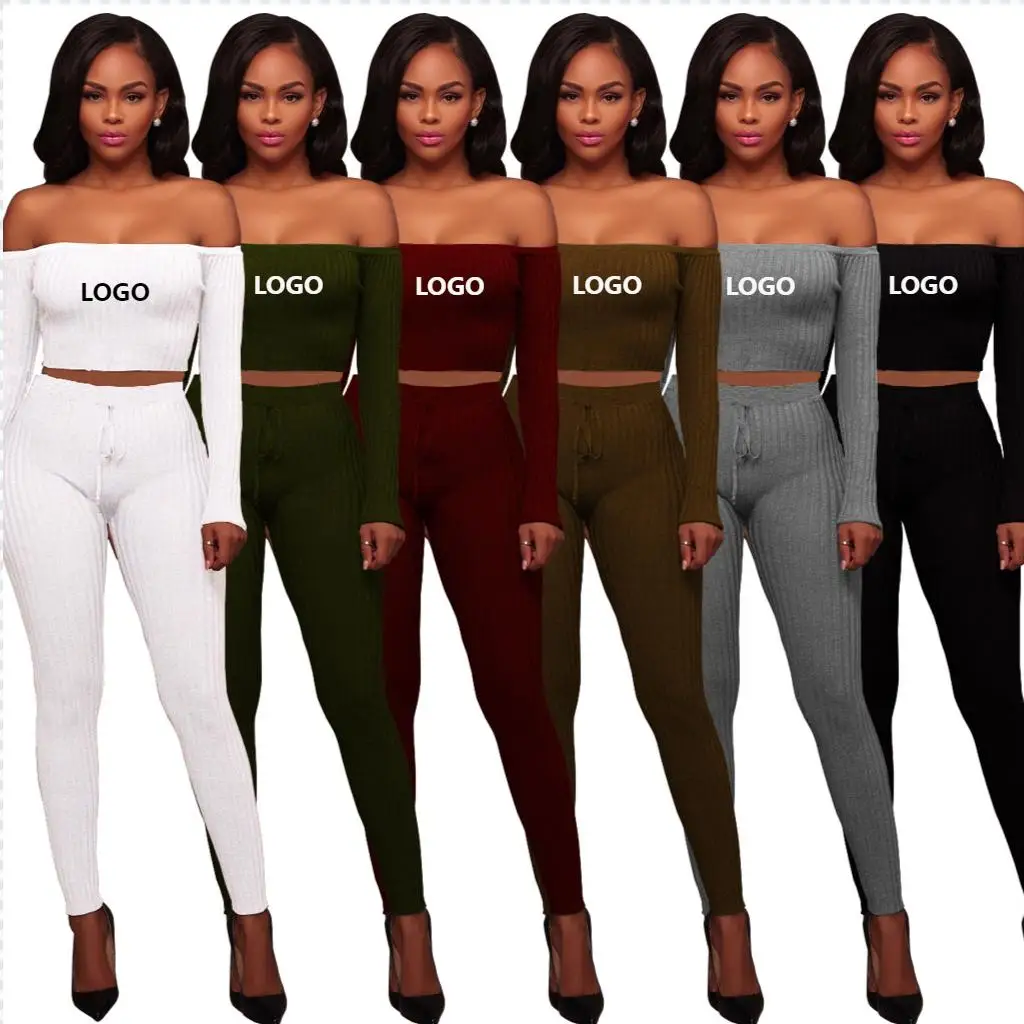 

Pants And Crop Top Casual Bandage Off Shoulder Two Piece Set Women Clothing