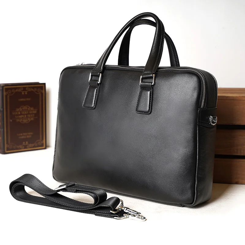 

New Arrival Fashion Black Leather Handmade Business Office Bag Full Grain Laptop Computer Shoulder Messenger Bag Briefcase Bag