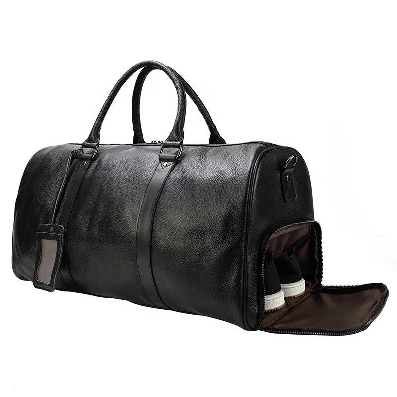 

High Quality Stylish Leather Luggage Travel Bag Outdoor Men Genuine Leather Duffle Bag with Shoe Compartment, Black/coffee