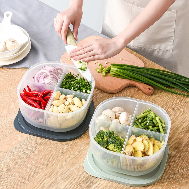

JIUYUE Kitchen double-layer 4 compartments onion ginger garlic food storage box refrigerator household plastic sealed with lid