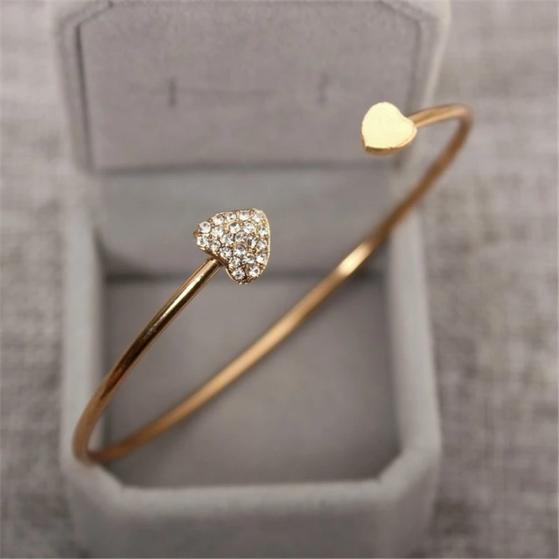 

Fashion Crystal Heart Bangle Bracelet Gold Plated Opening Adjustable Cuff Bangle Double Peach Heart Bracelet for Women Jewelry, Gold, silver