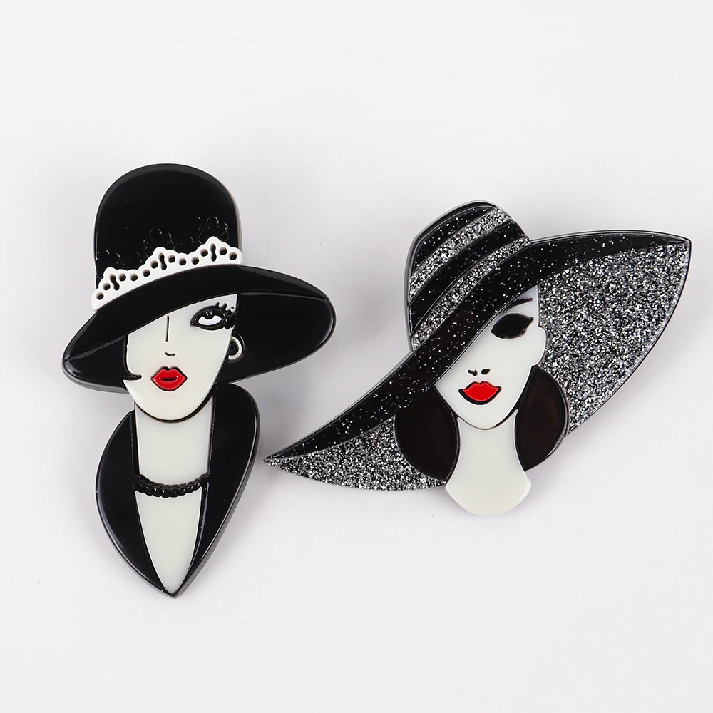 

Hot Selling Stylish classic black hat for ladies dark style exaggerated sequined acrylic brooch 2023