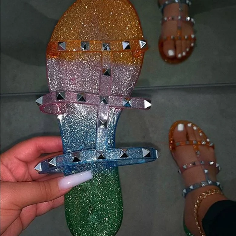 

Women T-Straps Rivets Sandals Shoes Flat With Casual Colorful Spike Jelly Slippers, Orange