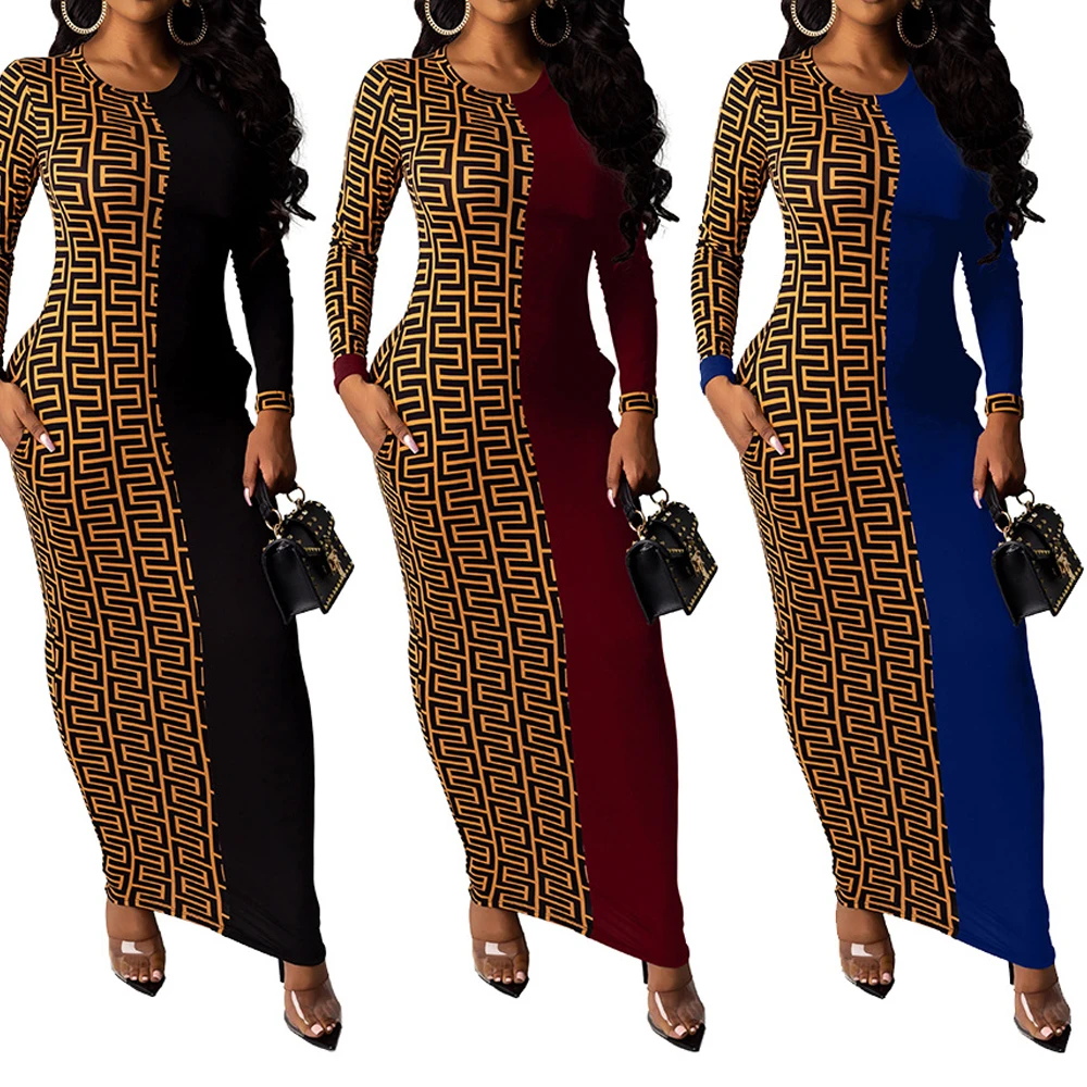 

Women Trending Geometric Patched Long Sleeve Two Pieces Skirt Set Maxi Dresses Women