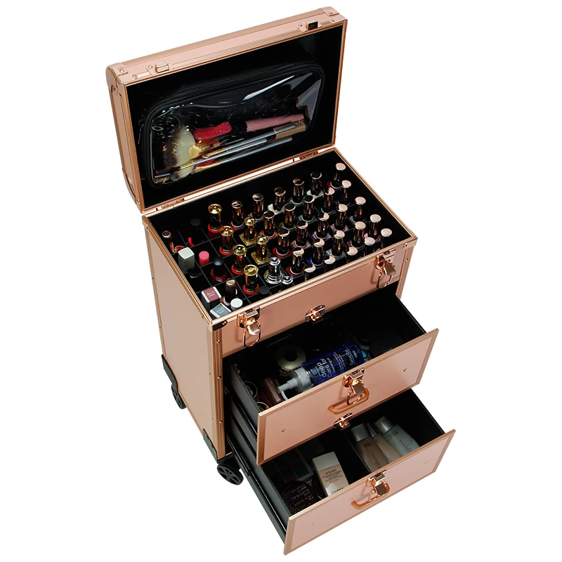 

fashionable Multi-layer large-capacity travel rolling cosmetic case for girls aluminum makeup case with drawer, Customized color