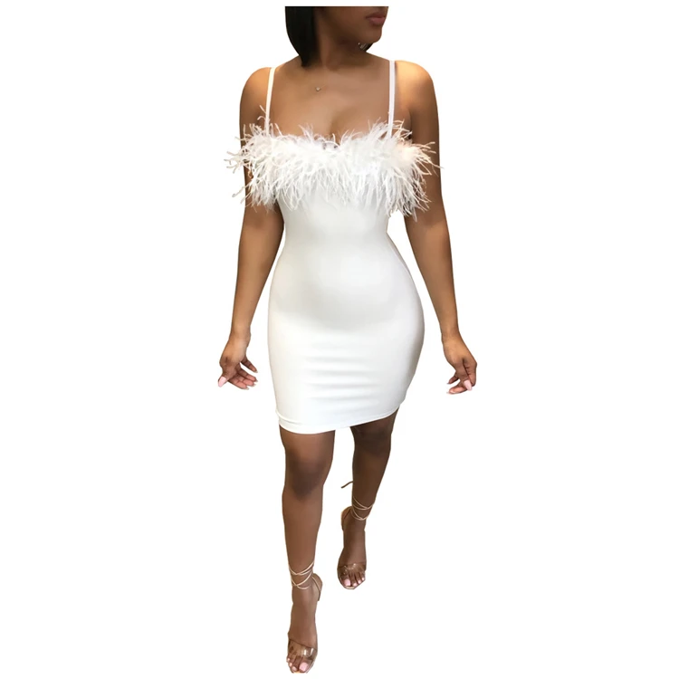 A92242 Women sexy mini dress fitness dress for women feather  off shoulder sleeveless dress for evening party wholesale