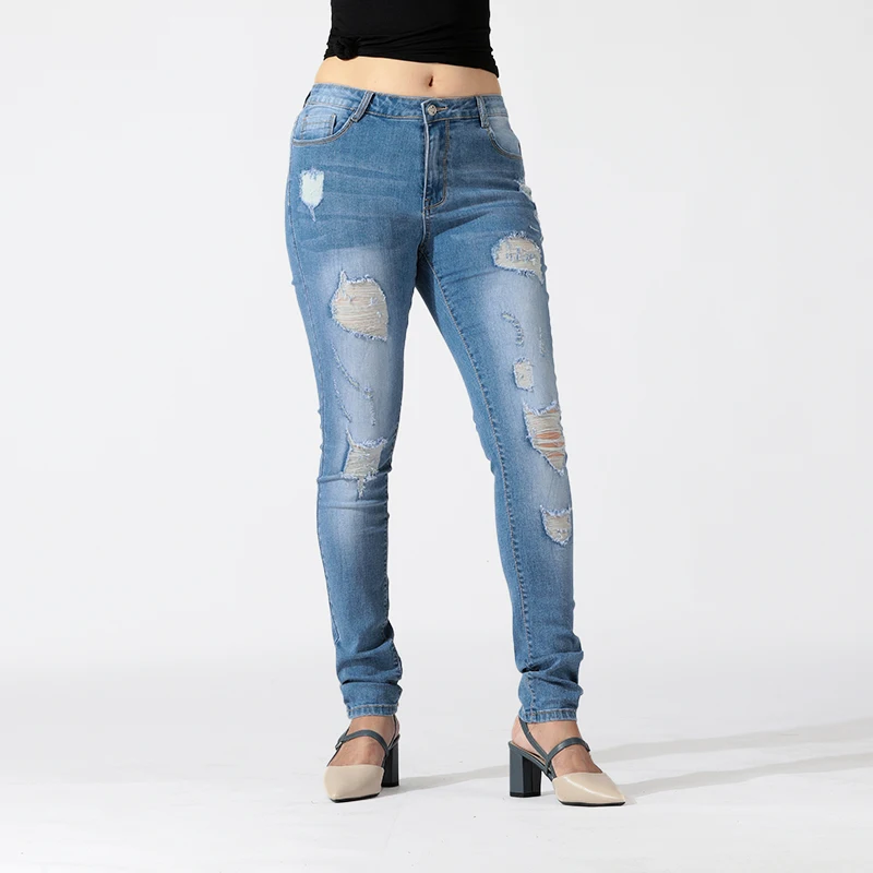 

Wholesale ladies high quality custom logo casual skinny trousers denim pants ripped slim fit women's jeans, Blue