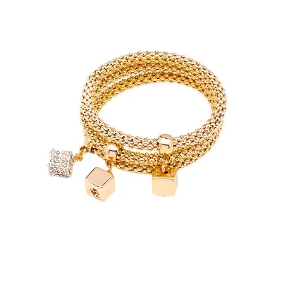 

Elastic Inlaid Rhinestone Rubik's Cube Corn Chain Set Bracelet Three Layers Gold Plated Zircon Cube Charm Corn Chain Bracelet