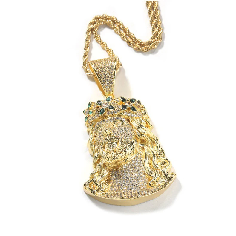 Brass Prong Setting Shine Iced Out Cz Four Leaf Crown Jesus Portrait Chain Necklace Pendant Fashion Hip Hop Jewelry for Men